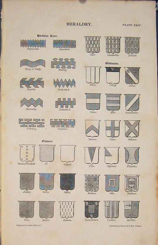 Original Old Antique Print Heraldry Partition Lines Ordinares Colours Fine Art