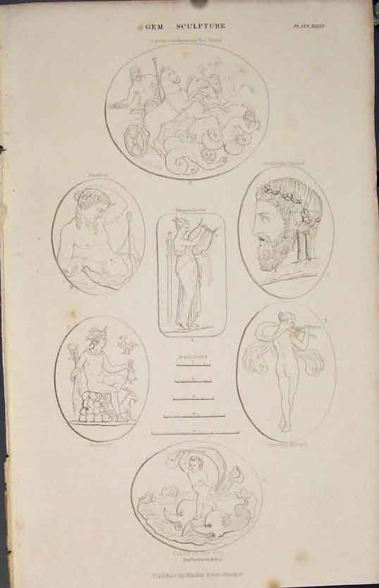 Original Old Antique Print Gem Sculpture Cupid Jupiter Mercury 1837 Victorian