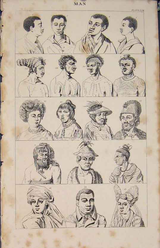 Original Old Antique Print Man Face Faces Race Races Fine Art *2