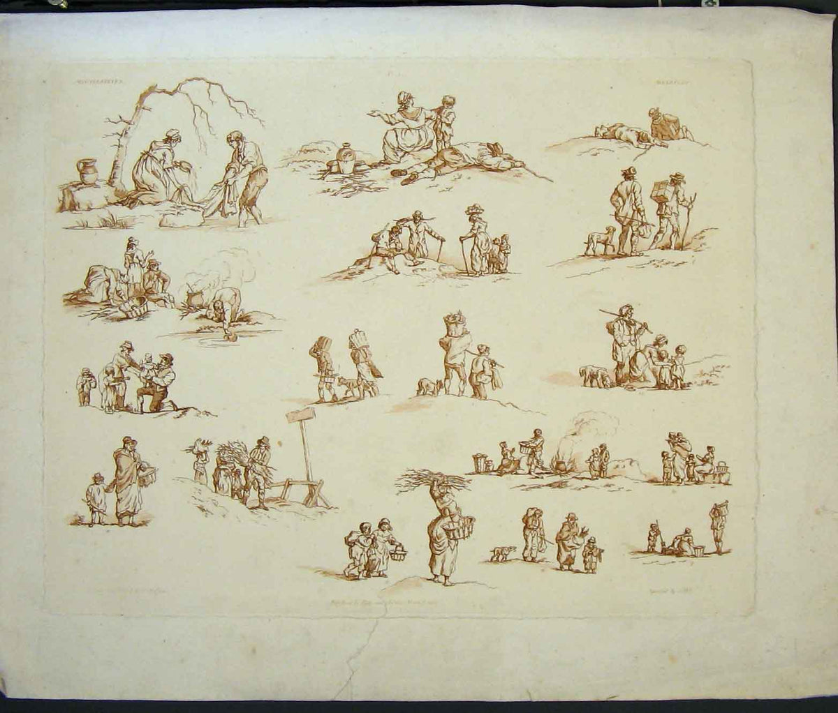 Original Old Antique Print Hand Colored Clothes Washing Collecting Wood