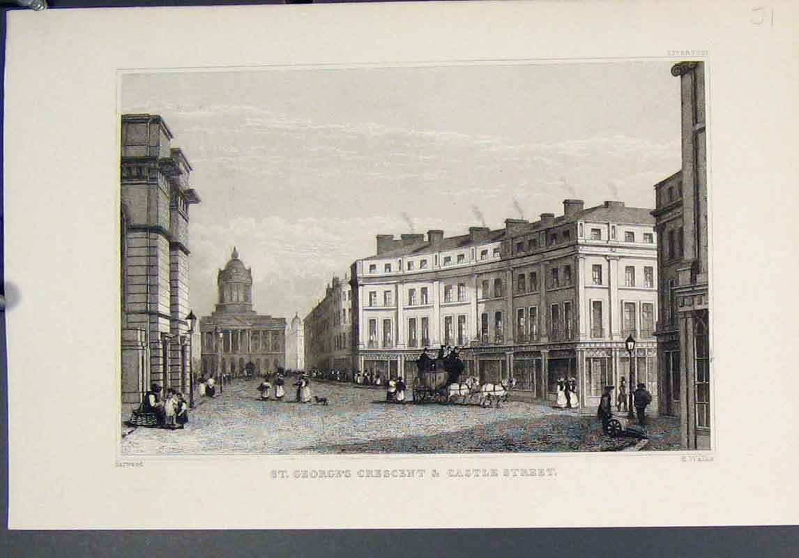 Original Old Antique Print St Georges Crescent Castle Street Harwood C1829 19th