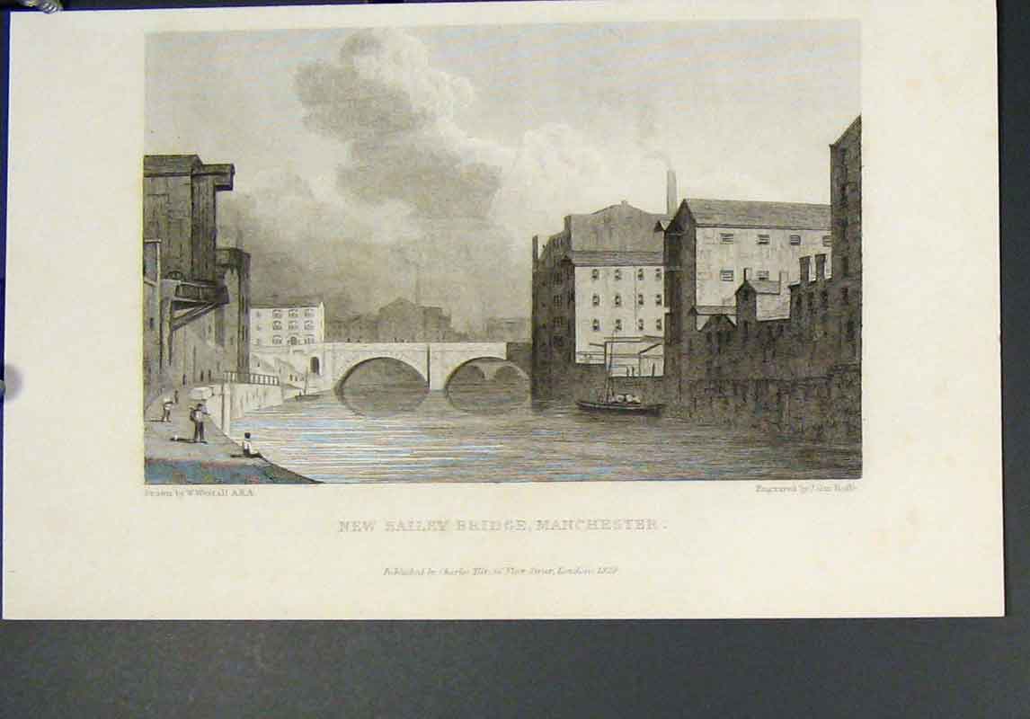Original Old Antique Print Bailey Bridge Manchester Fine Art C1829 19th Century