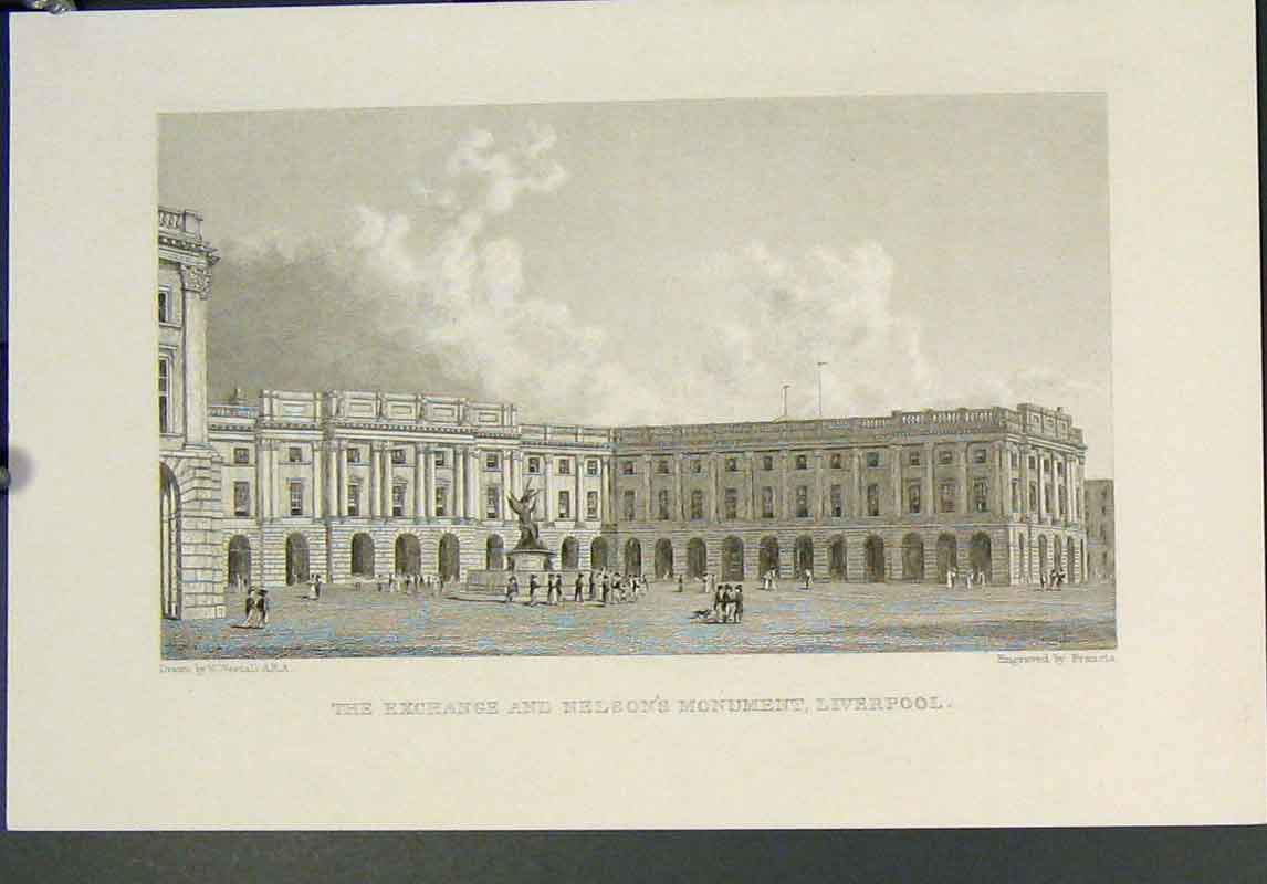 Original Old Antique Print Exchange Nelson'S Mounument Liverpool