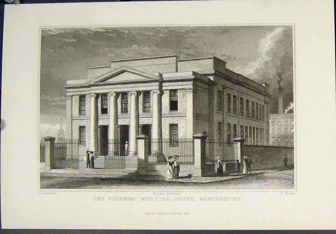 Original Old Antique Print Friend'S Meeting House Manchester Fine Art