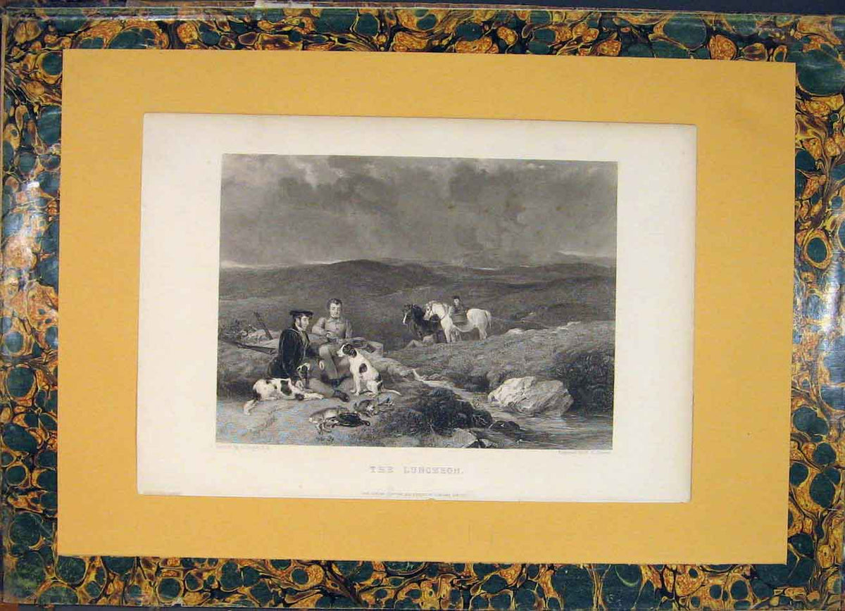 Original Old Antique Print Luncheon Break Hound Dog Horse Portrait