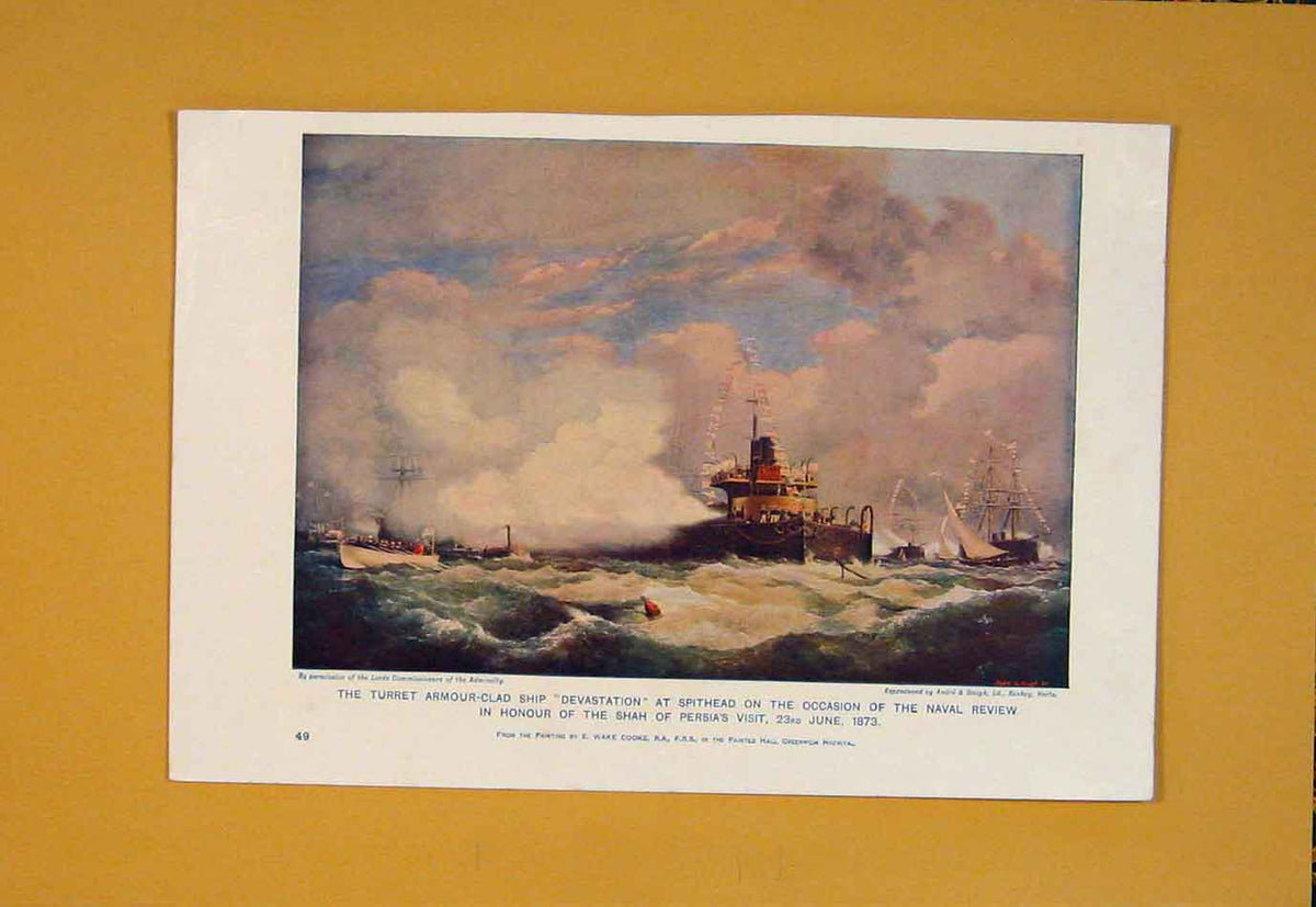 Original Old Antique Print Armour-Clad Ship Turret Spithead Naval C1915 20th