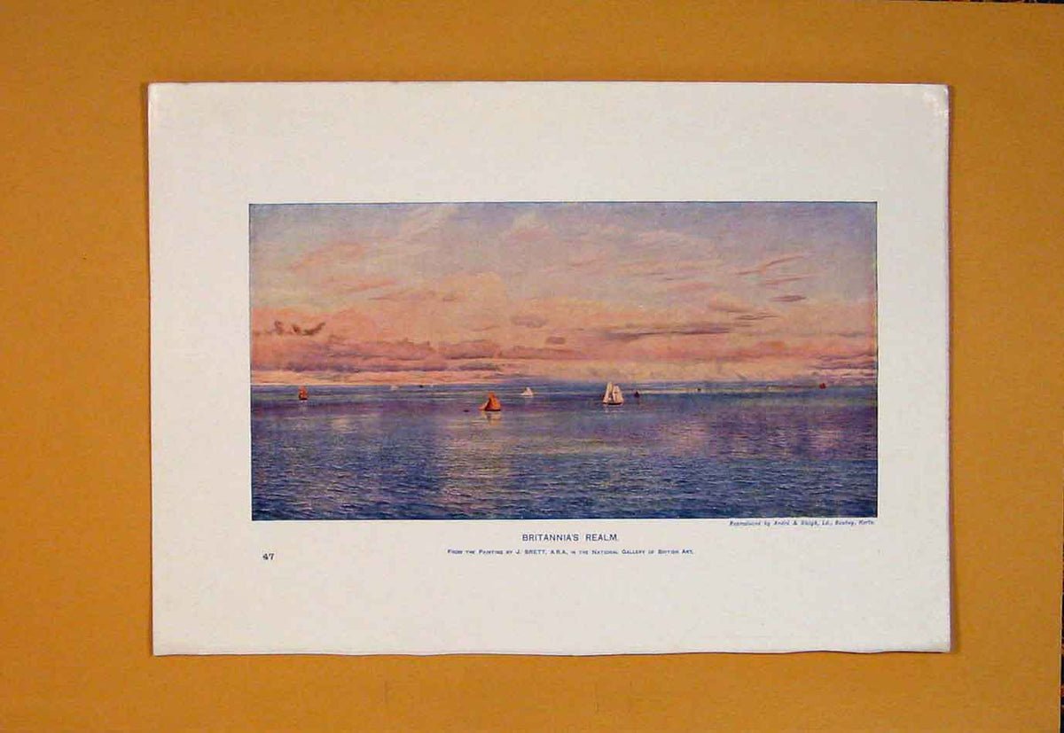 Original Old Antique Print Britannia'S Realm Color Ship Boat Sail Sea