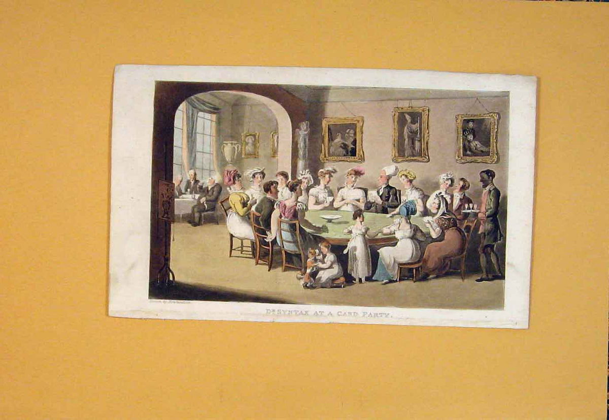Original Old Antique Print Syntax Card Party Round Table Color