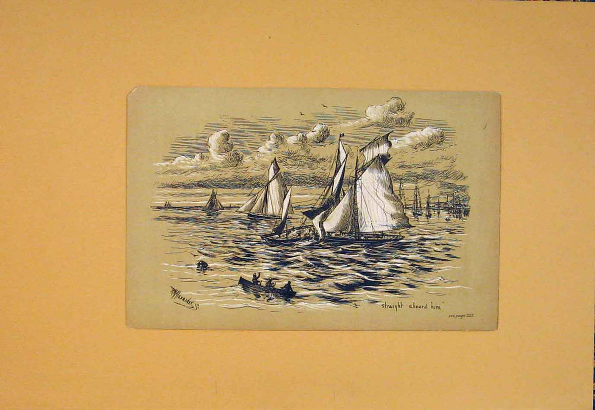 Original Old Antique Print Ship Boat Sea Sail Sketch Art C1880 19th