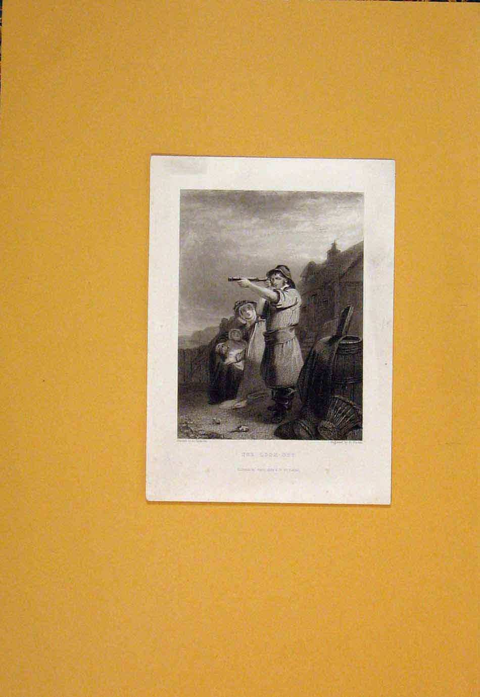 Original Old Antique Print Look-Ou Look Out Telescope Gard Security