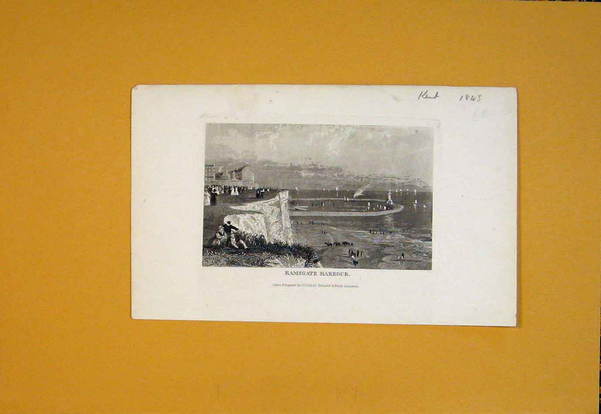 Old Antique Print Ramsgate Harbour Cliff Sea Ocan Port Dock Boat Art 1845 19th