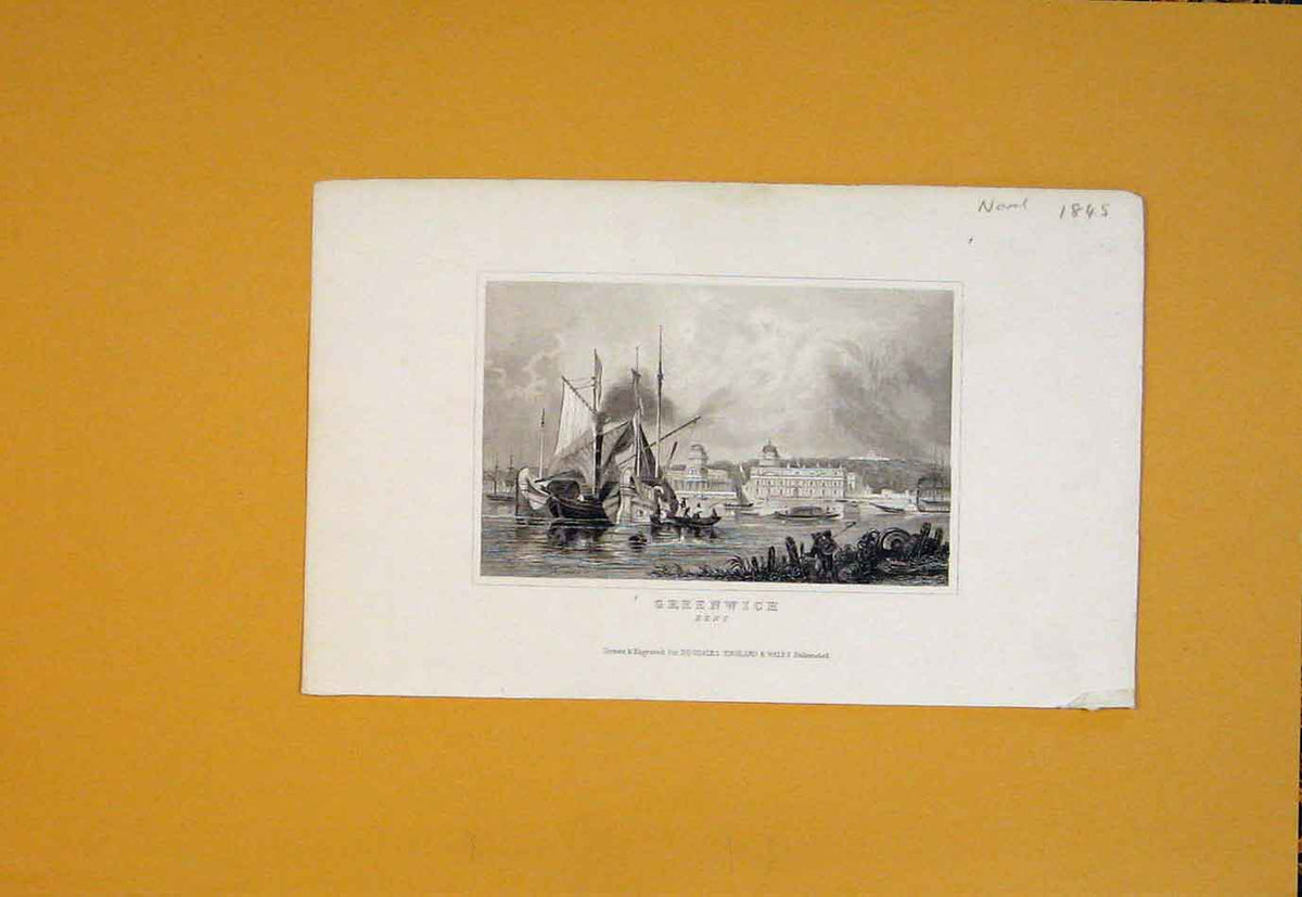 Original Old Antique Print Greenwich Kent England Fine Art C1845 19th