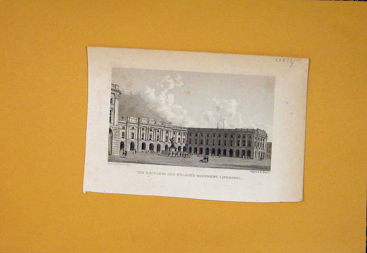 Original Old Antique Print Exchange Nelson'S Monument Liverpool C1835 19th