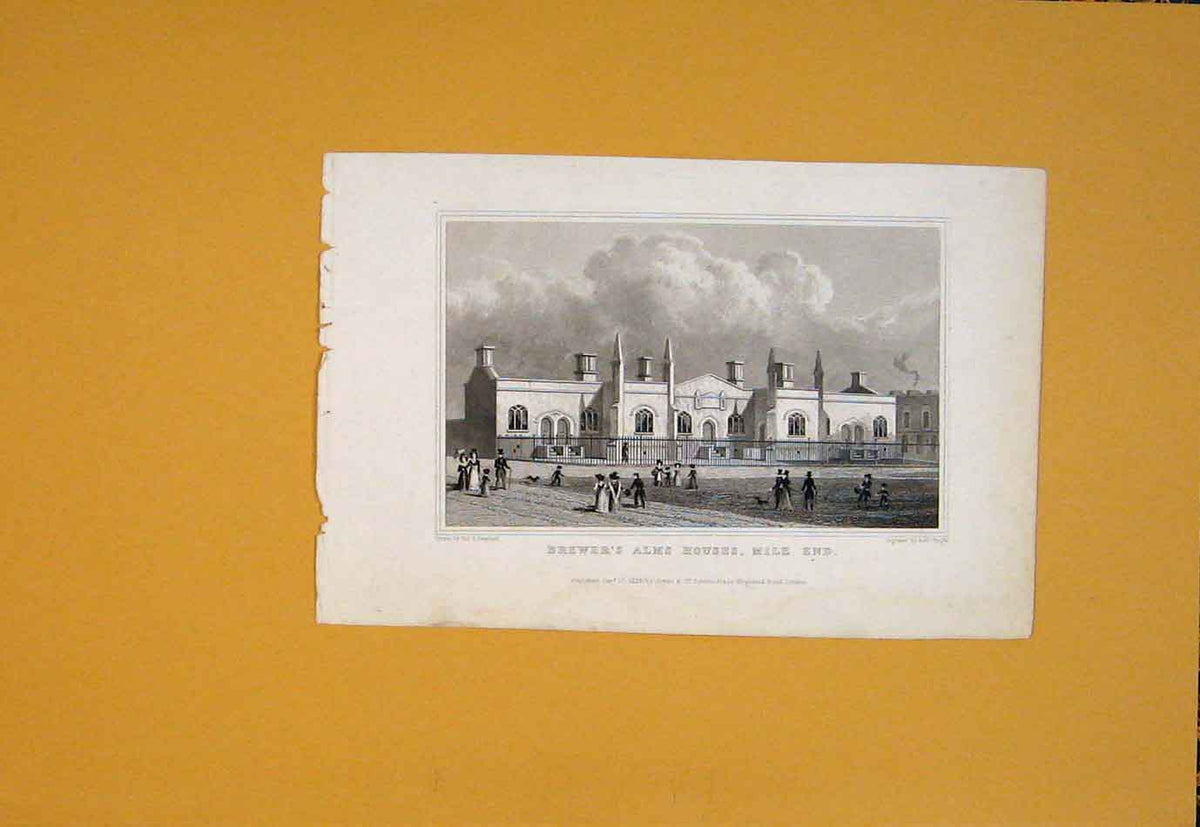 Original Old Antique Print Brewer'S Alms Houses Mile End Building Art