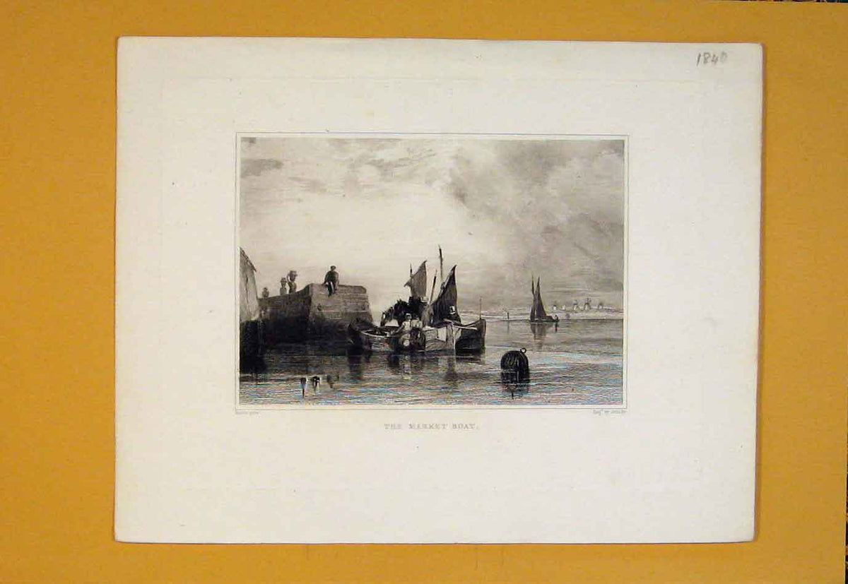 Original Old Antique Print Market Boat Ship Fine Art River C1840 19th