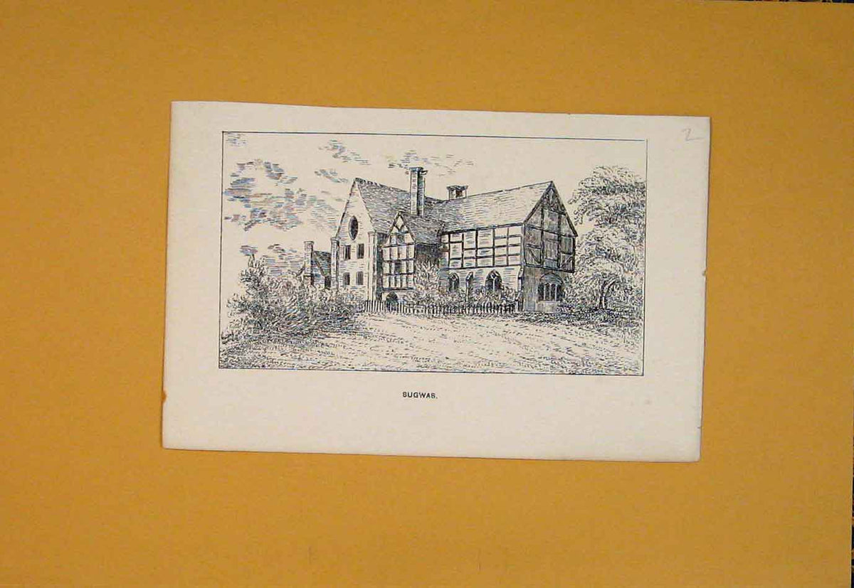 Original Old Antique Print Sugwas Fine Art Building Castle House