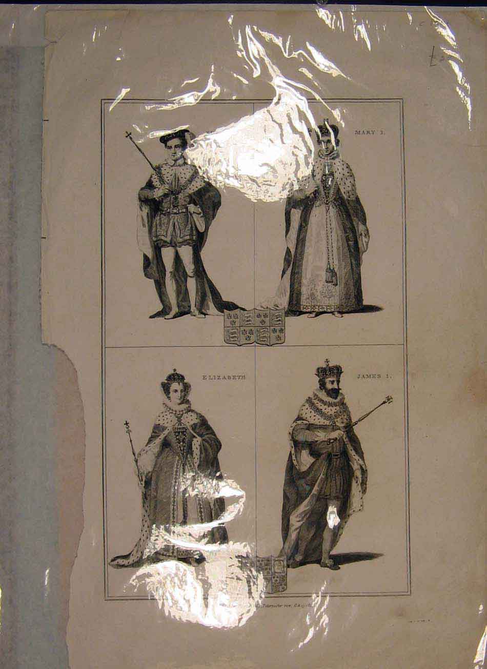Original Old Antique Print Edward Mary Elizabeth James Royal Family 1814 19th