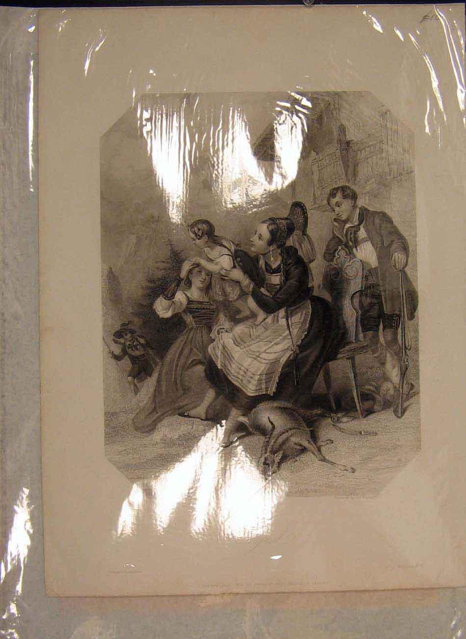 Original Old Antique Print Tyrol Baby Deer Buck Family Hunting