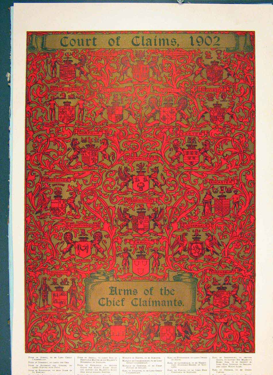 Original Old Antique Print Court Claims 1902 Arms Chief Claimants Color 20th