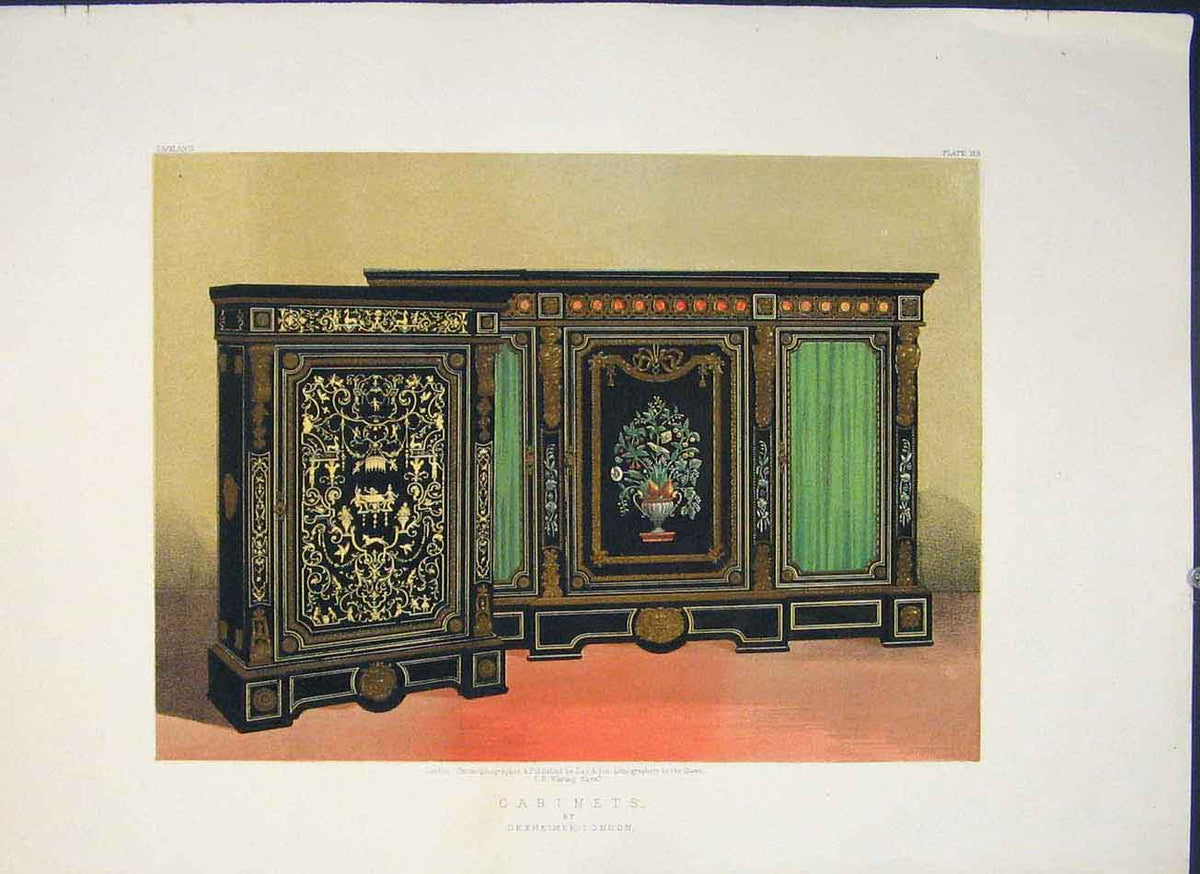 Original Old Antique Print Cabinet Cabinets Color Fine Art C1862 19th