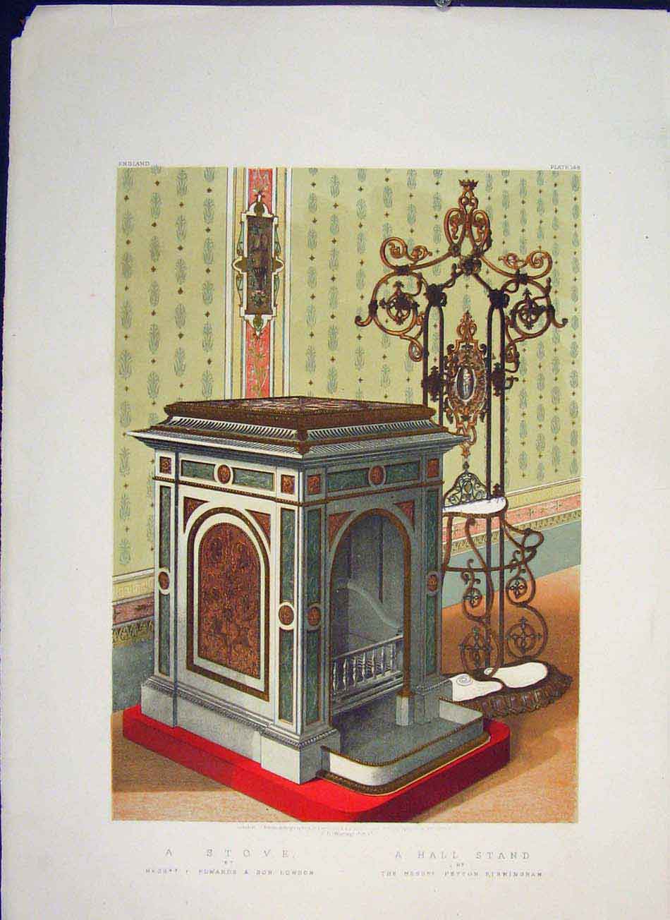 Original Old Antique Print Stove Hall Stand Color Oven Art C1862 19th