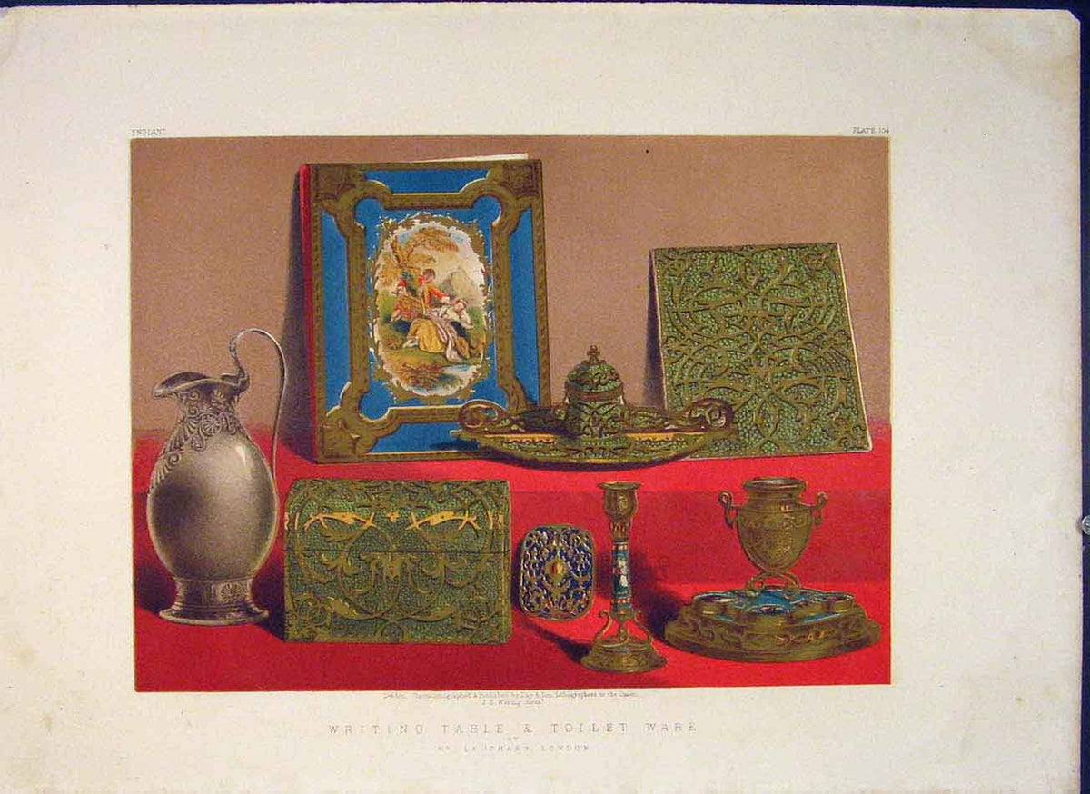 Original Old Antique Print Writing Table Toilet Ware Color Art C1862 Victorian