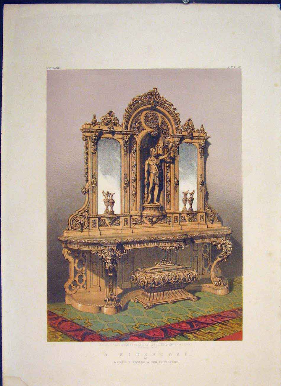 Original Old Antique Print Sideboard Furniture Color Desk C1862 19th