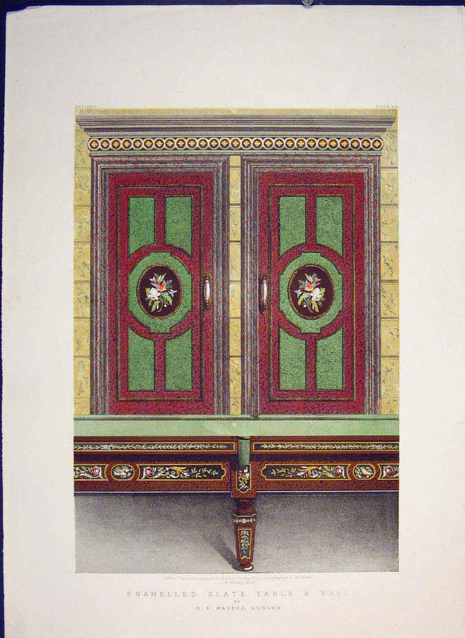 Original Old Antique Print Enamelled Slate Table Wall Color Art 1862 Victorian