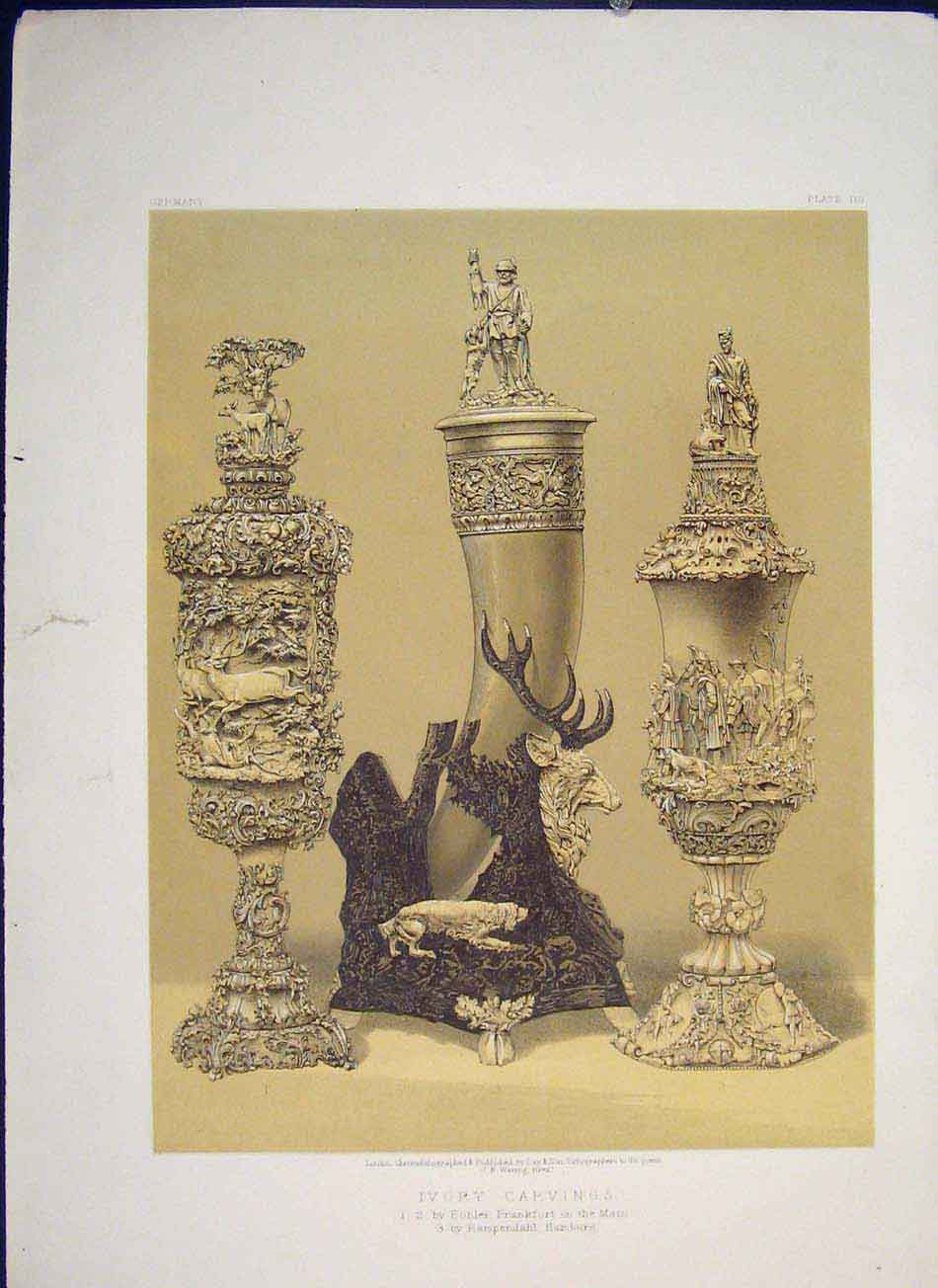 Original Old Antique Print Ivory Carving Carvings Color C1862 Art 19th