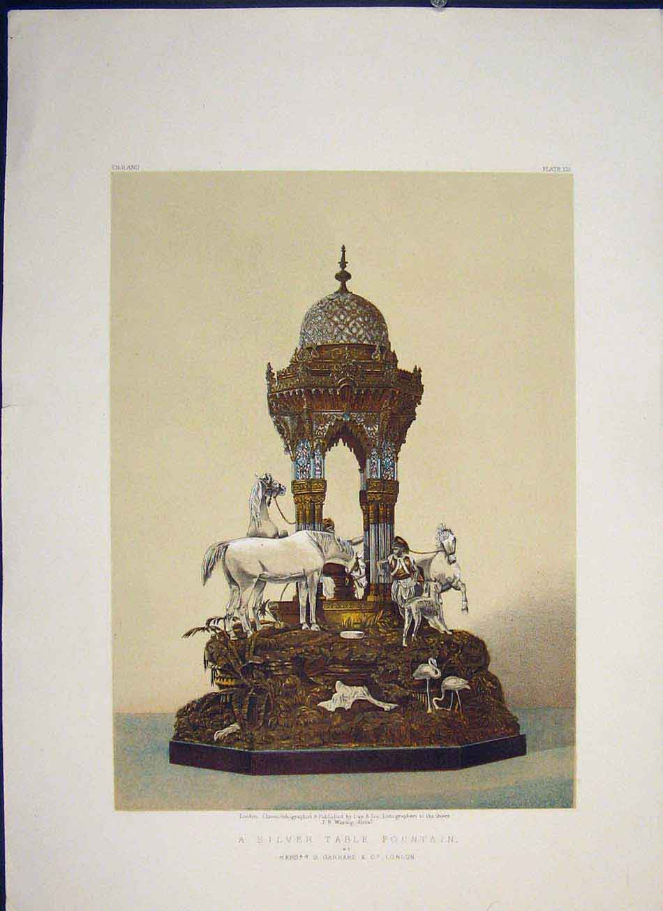 Original Old Antique Print Silver Table Fountain Garrad Color Art