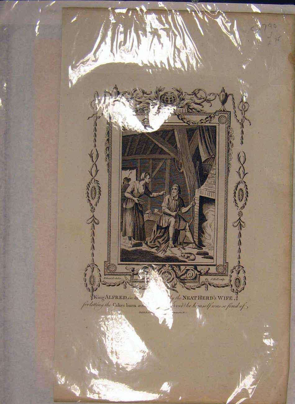 Original Old Antique Print King Alfred Neatheards Wife Baking Cake C1790 18th