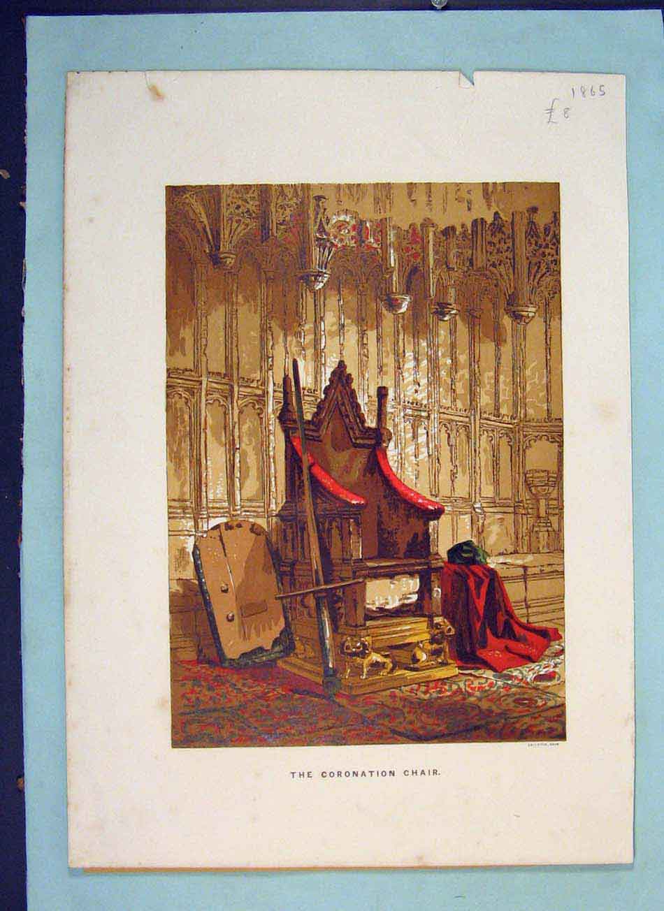 Original Old Antique Print Coronation Chair Color Fine Art C1865 19th