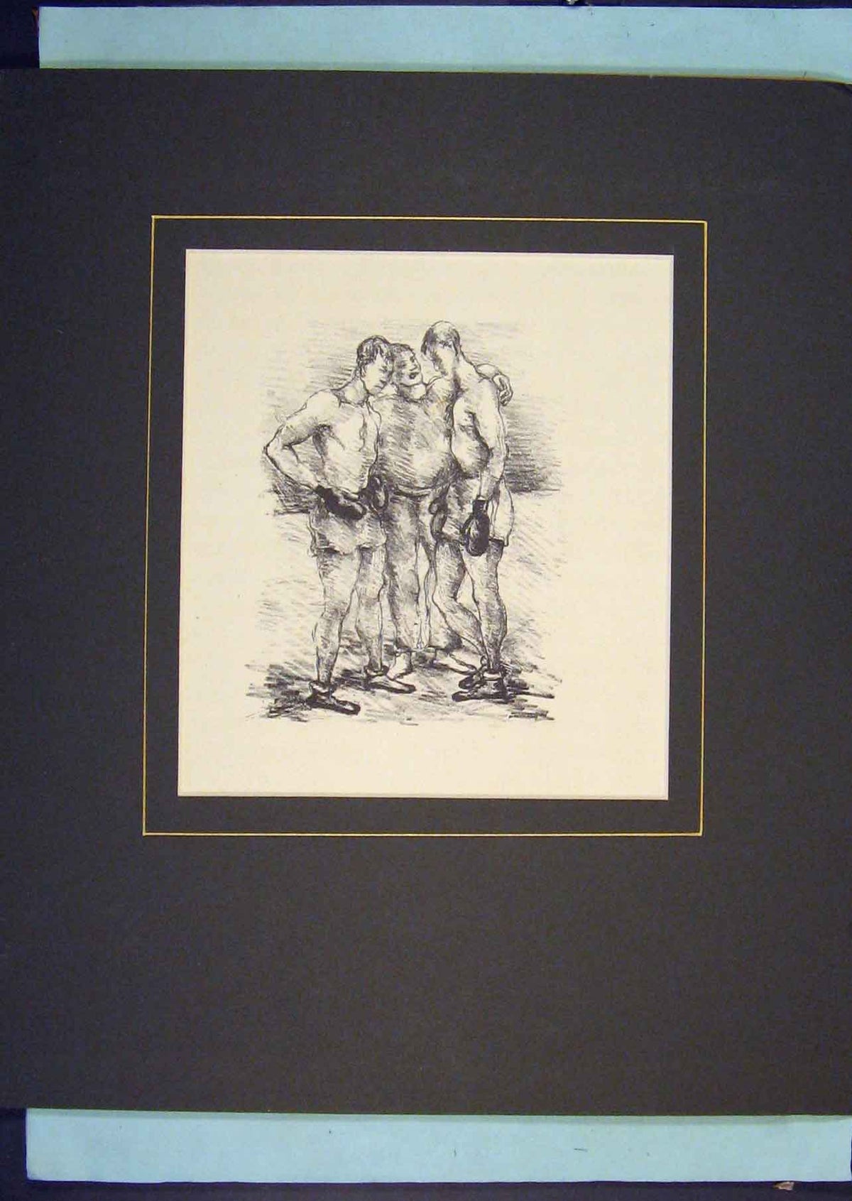Original Old Antique Print Boxing Ring Drawing Men Gloves Black White