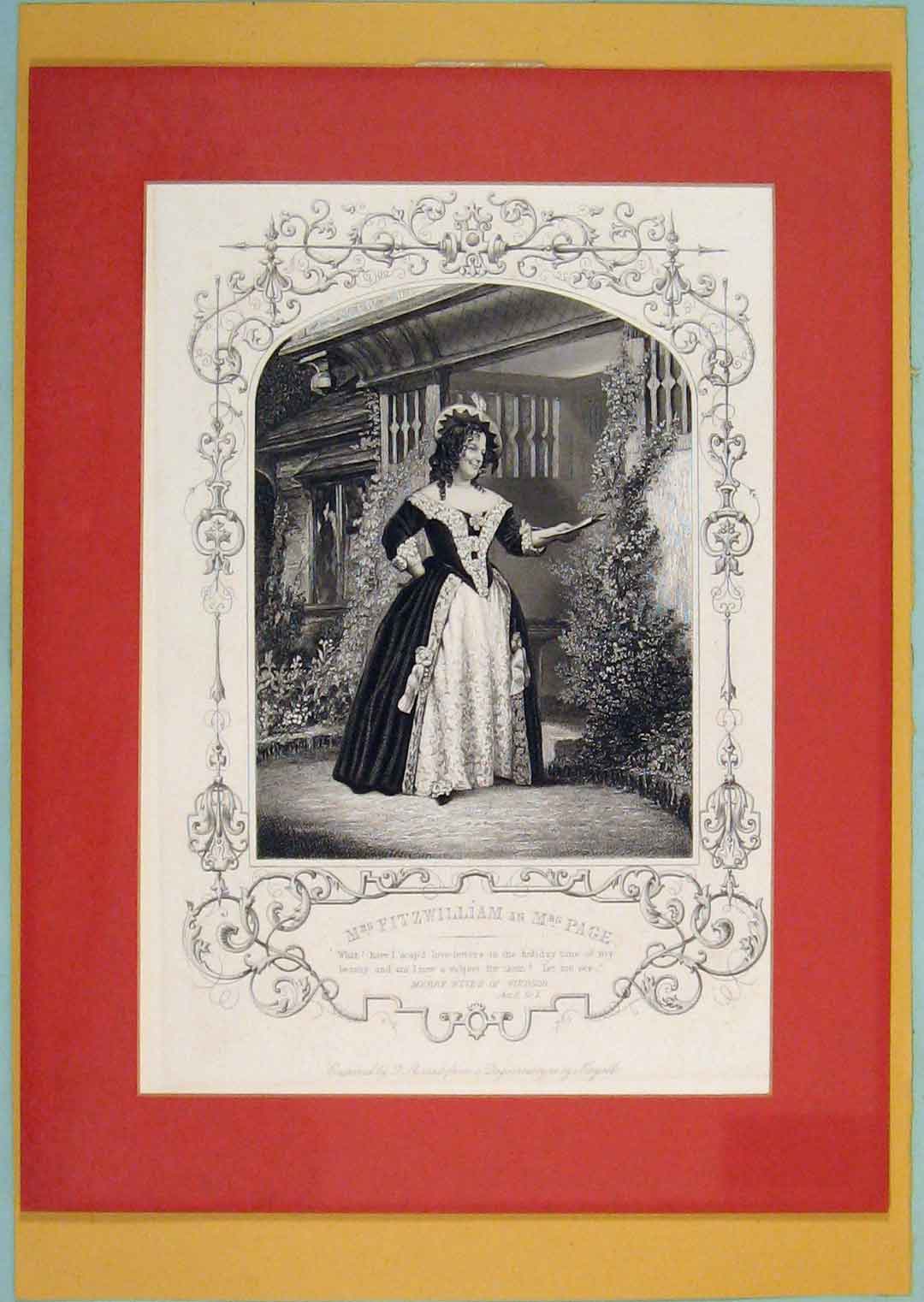 Original Old Antique Print Mre Fitzwilliam Mrs Page Theatre Play Act Scene