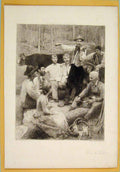 Original Old Antique Print Dans Foret Men Woman Eating Picnic Portrait