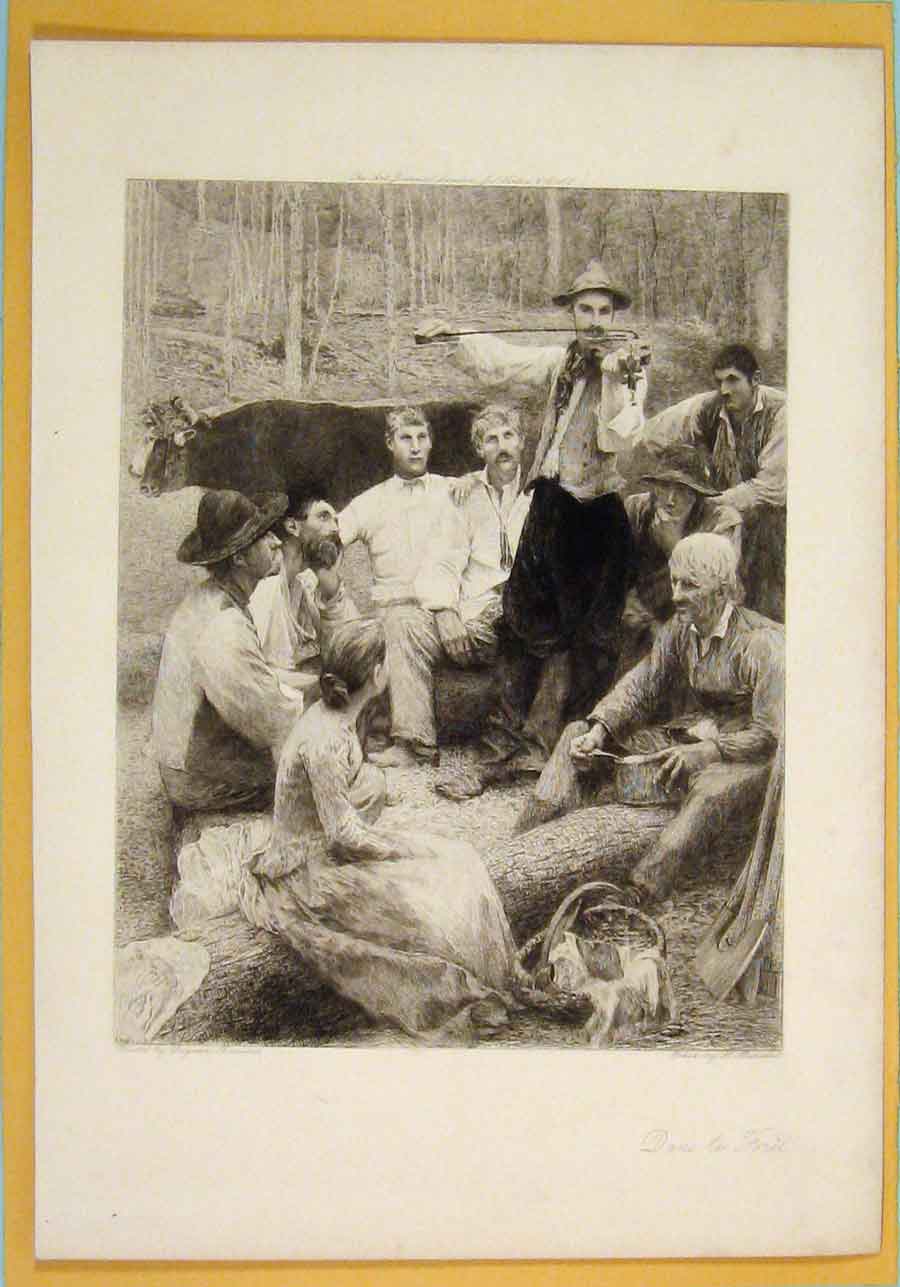 Original Old Antique Print Dans Foret Men Woman Eating Picnic Portrait