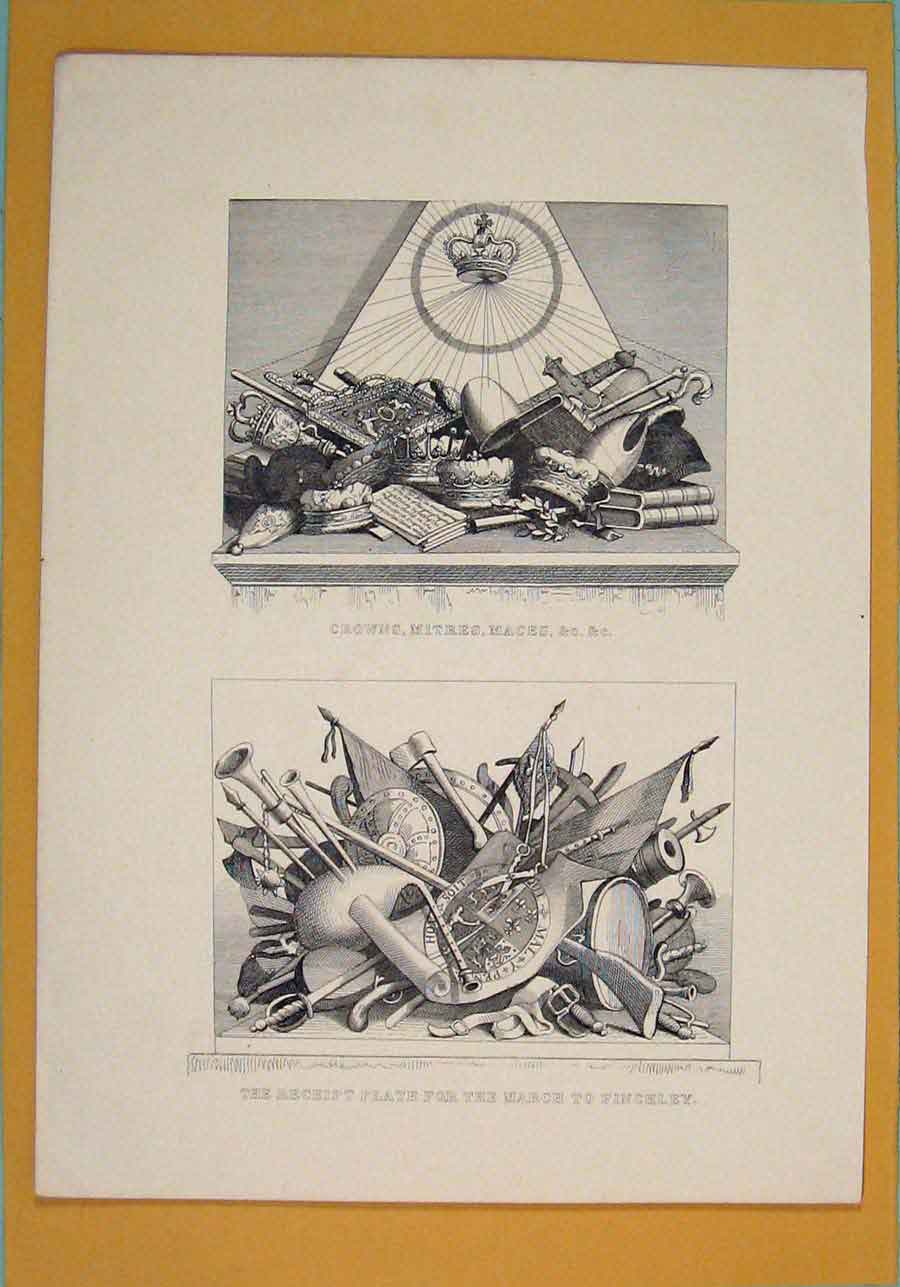 Original Old Antique Print Crowns Mitres Maces Receipt March Finchley Victorian