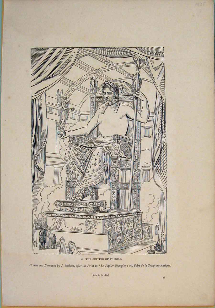 Original Old Antique Print C1835 Jupiter Phidias Engraved Jackson 19th Century