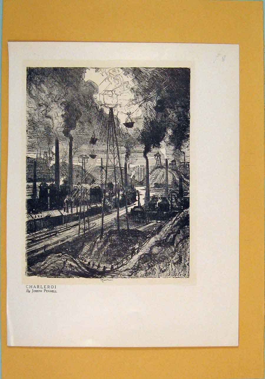 Original Old Antique Print Charleroi Train Station France Rail Art