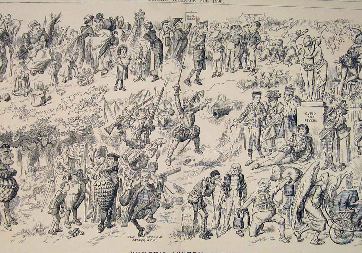Original Old Antique Print Punchs Seven Ages Almanack C1896 Portrait Victorian