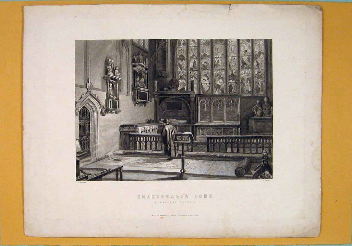 Original Old Antique Print Shakspears Tomb Grave Poet Poetry