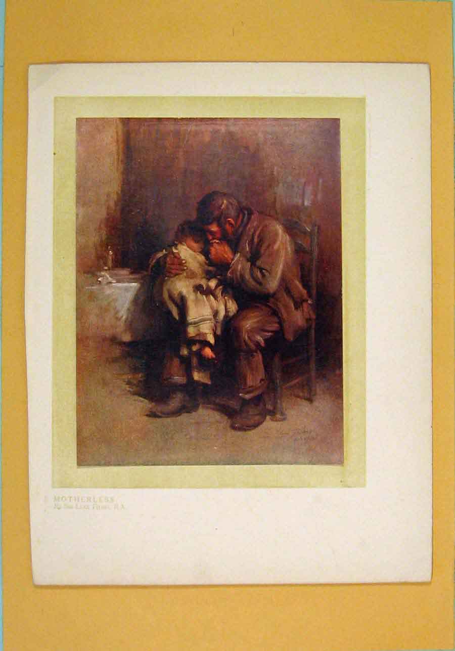 Original Old Antique Print Motherless Lost Mother Sad Father Child Color