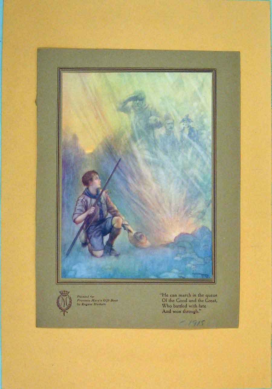Original Old Antique Print Marys Gift Book Young Boy Battle Won Color