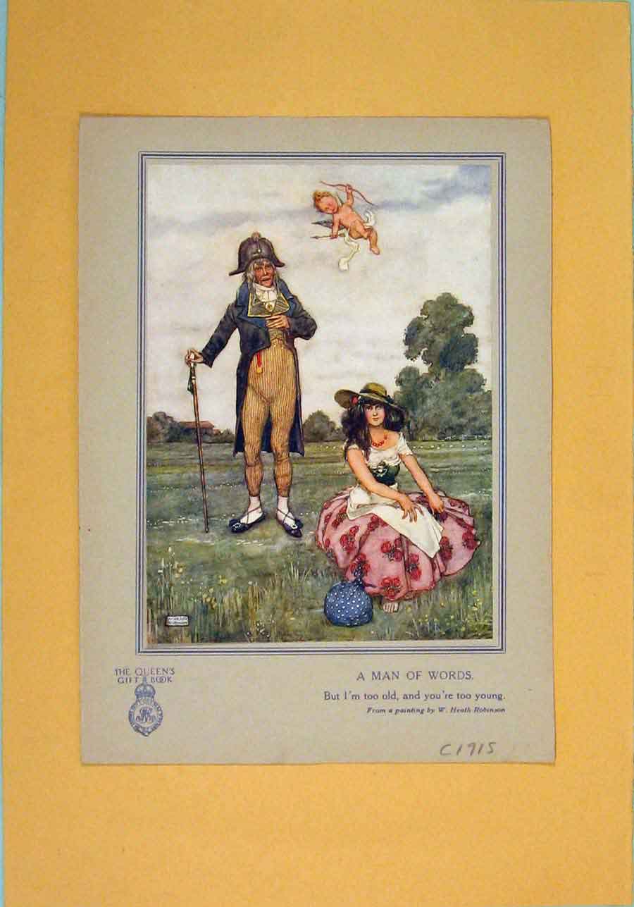 Original Old Antique Print C1915 Queen Gift Book Man Words Painting 20th Century