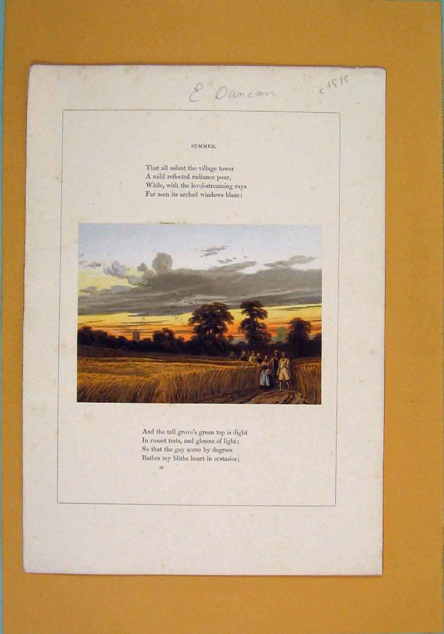 Original Old Antique Print Duncan C1875 Poetry Poet Peom Summer Color Victorian