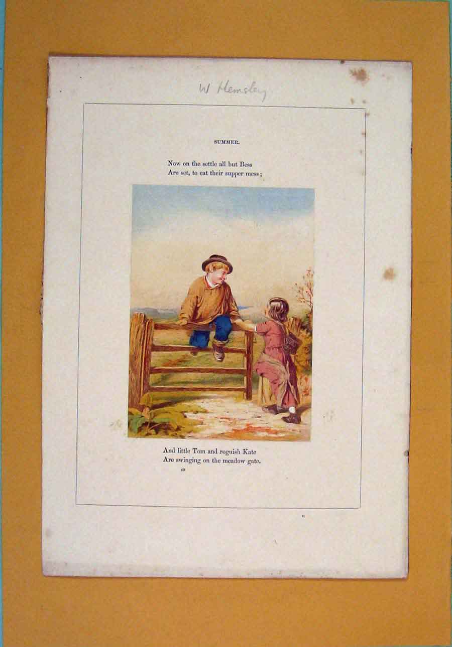 Original Old Antique Print Hemsley Summer Poetry Poem Artist Color