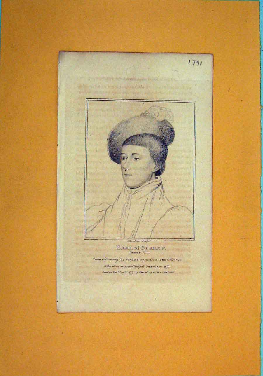 Original Old Antique Print Earl Surrey Henry Portrait 1792 18th Century