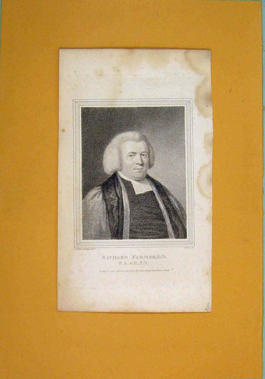 Original Old Antique Print Richard Farmer Fine Art Potrait C1792 18th Century