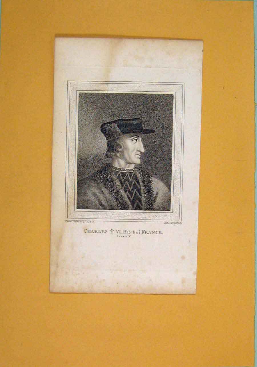 Original Old Antique Print Charles King France Henry V Act Portrait