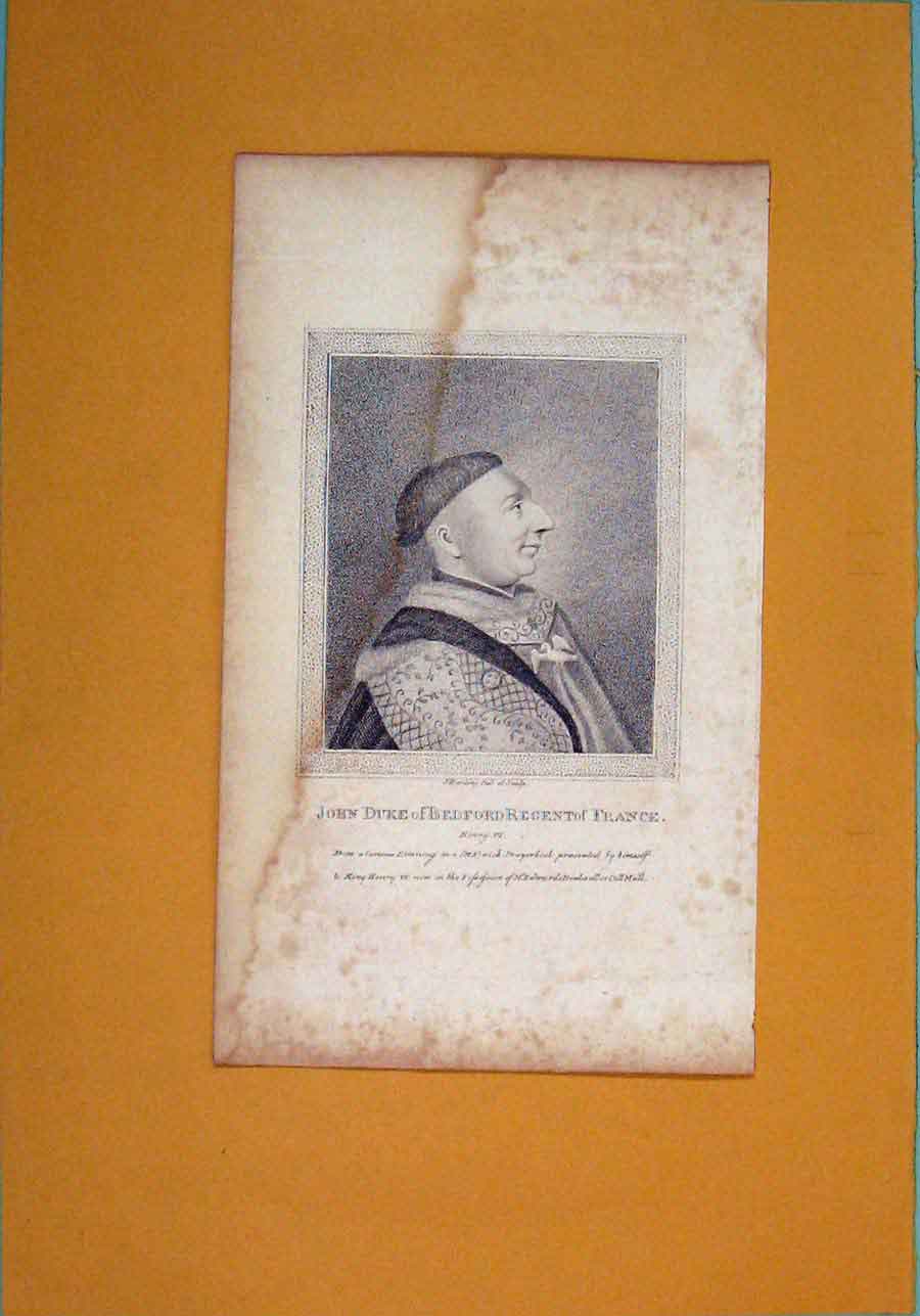 Original Old Antique Print John Duke Bedford France Shakespere Henry Portrait